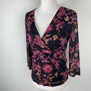 Vintage Y2K 90s Babydoll Top Asian Floral Boho Forest Fairy Size S Nylon Mesh